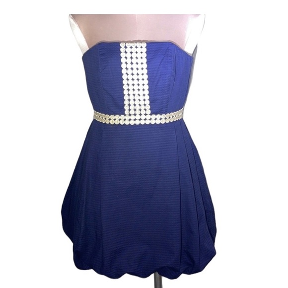 Lilly Pulitzer navy Regency bubble strapless dress with gold  accent. Size 00 - Picture 12 of 13